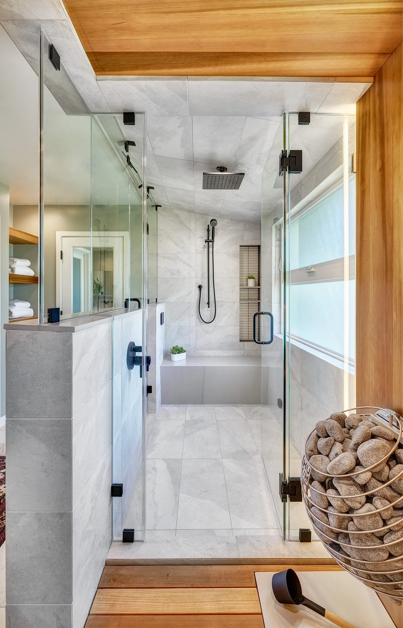 Contemporary primary bathroom remodel, custom sauna and steam shower, European channel laminate cabinetry