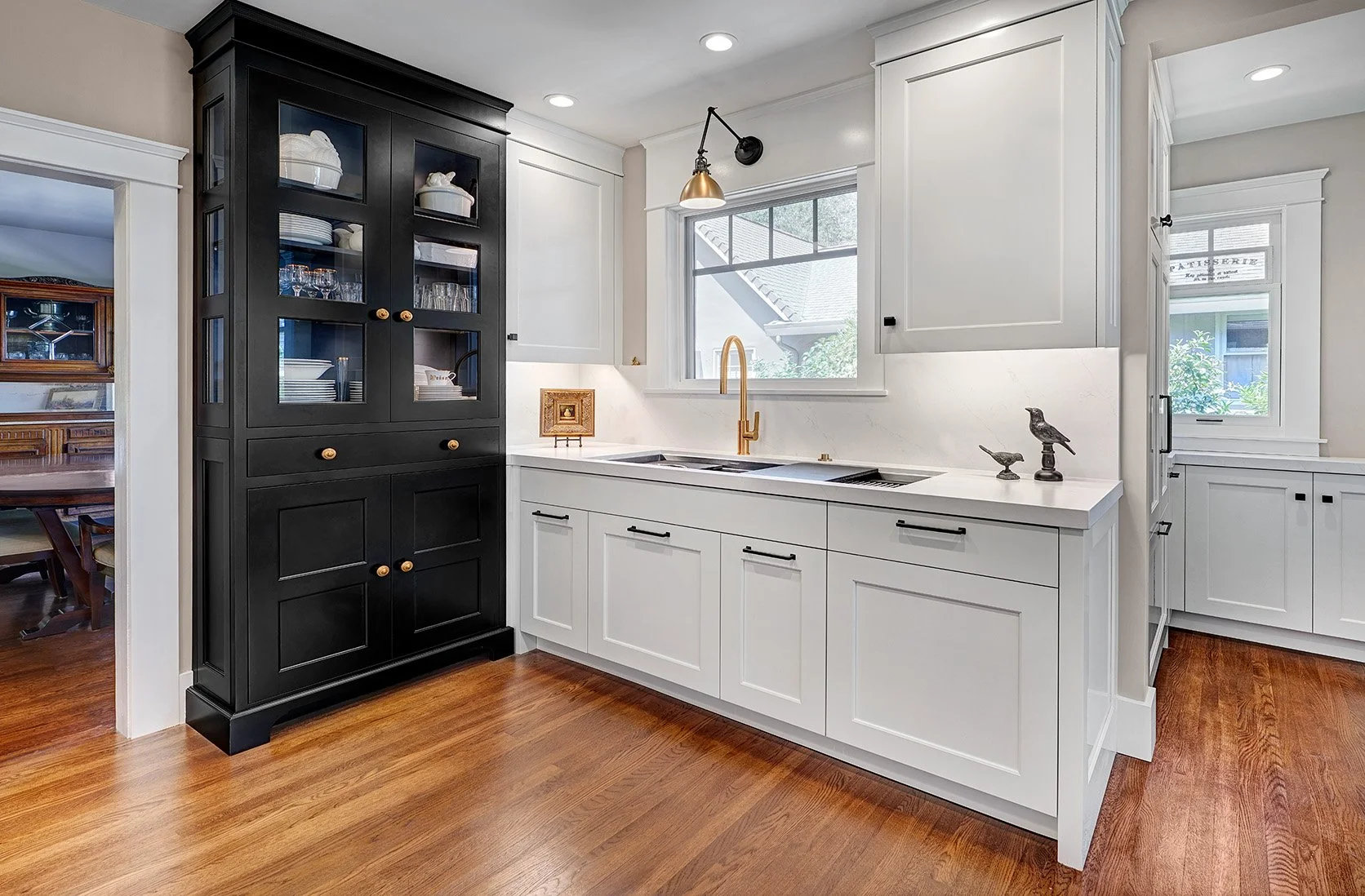 Transitional black + white kitchen remodel, The Galley workstation, cabinet hutch