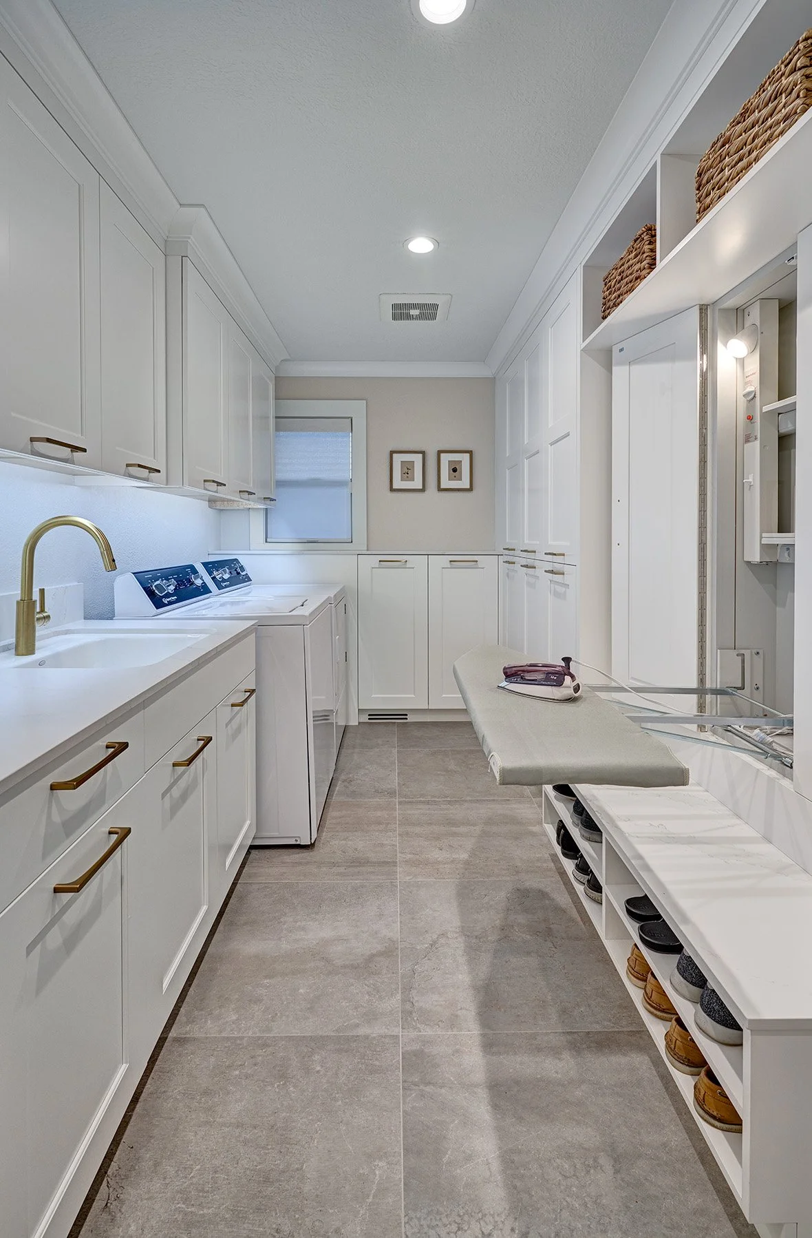 Home remodel, laundry room with shoe bench, fold out ironing board