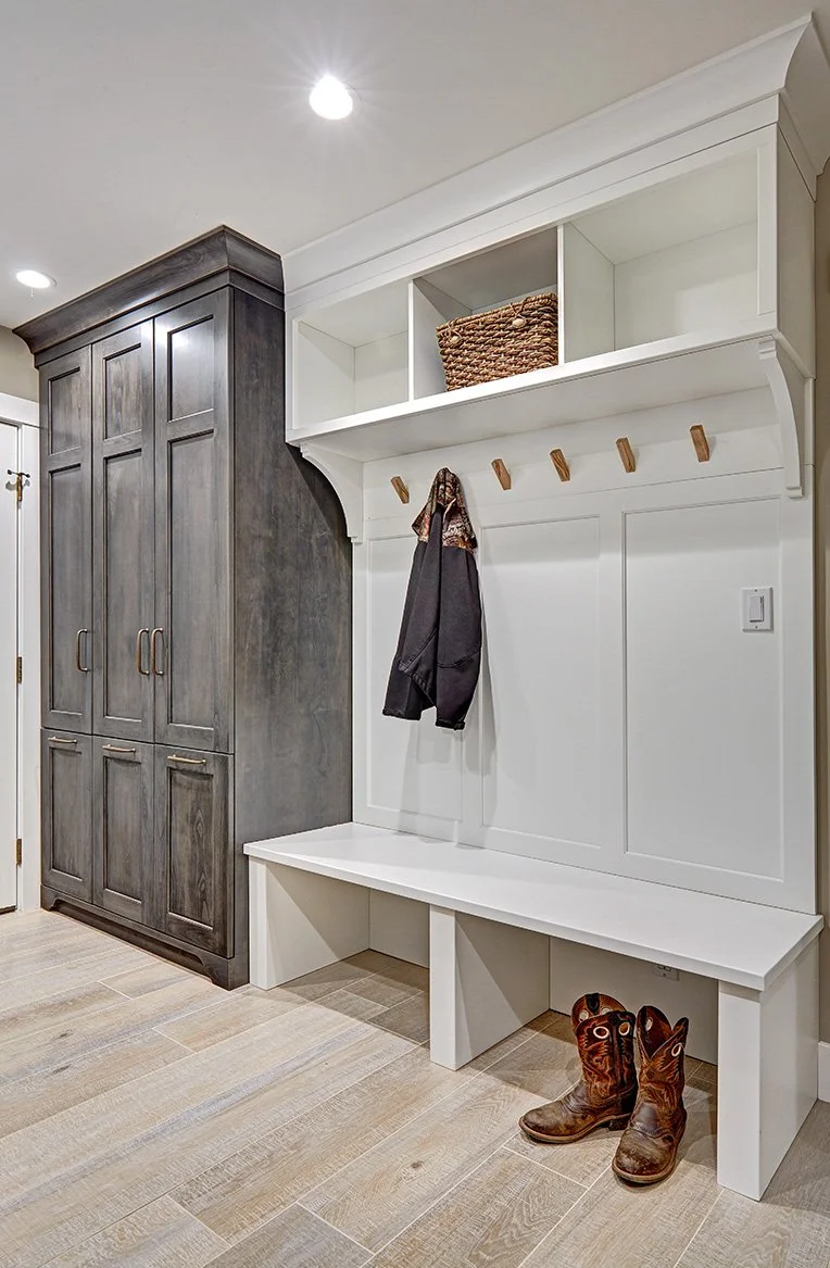 Whole home remodel, modern farmhouse, farmhouse industrial laundry room, cabinet bench