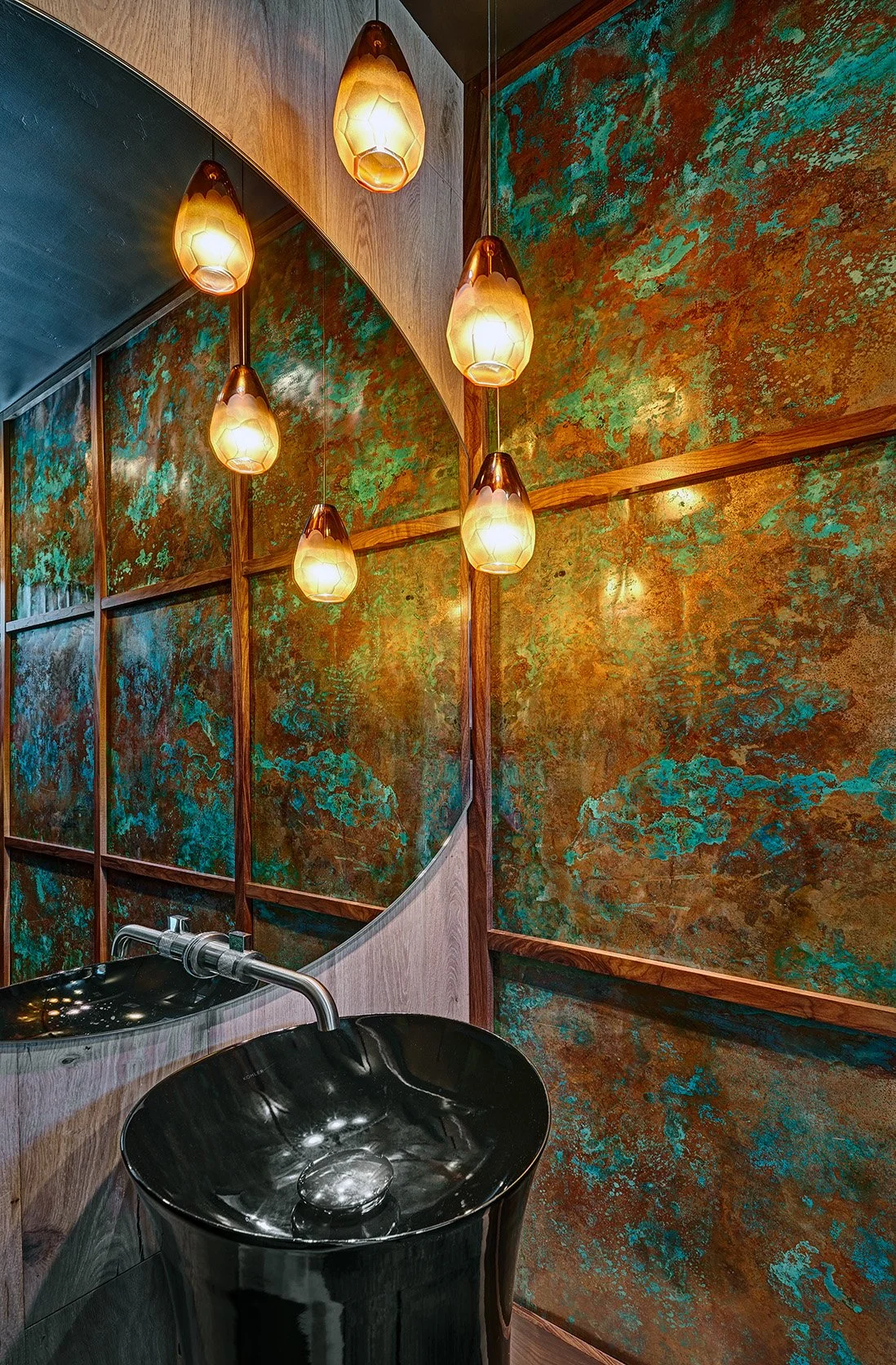 Modern home remodel, aged copper wall treatment, pedestal sink, powder bath