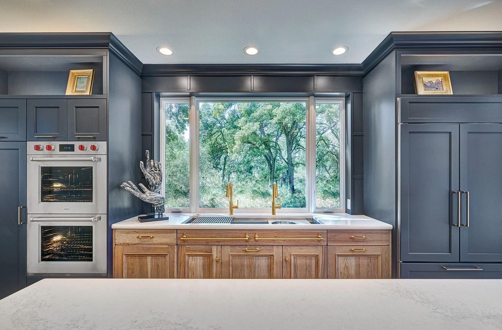 Modern Spanish colonial style kitchen remodel, blue, white + wood cabinetry, The Galley workstation