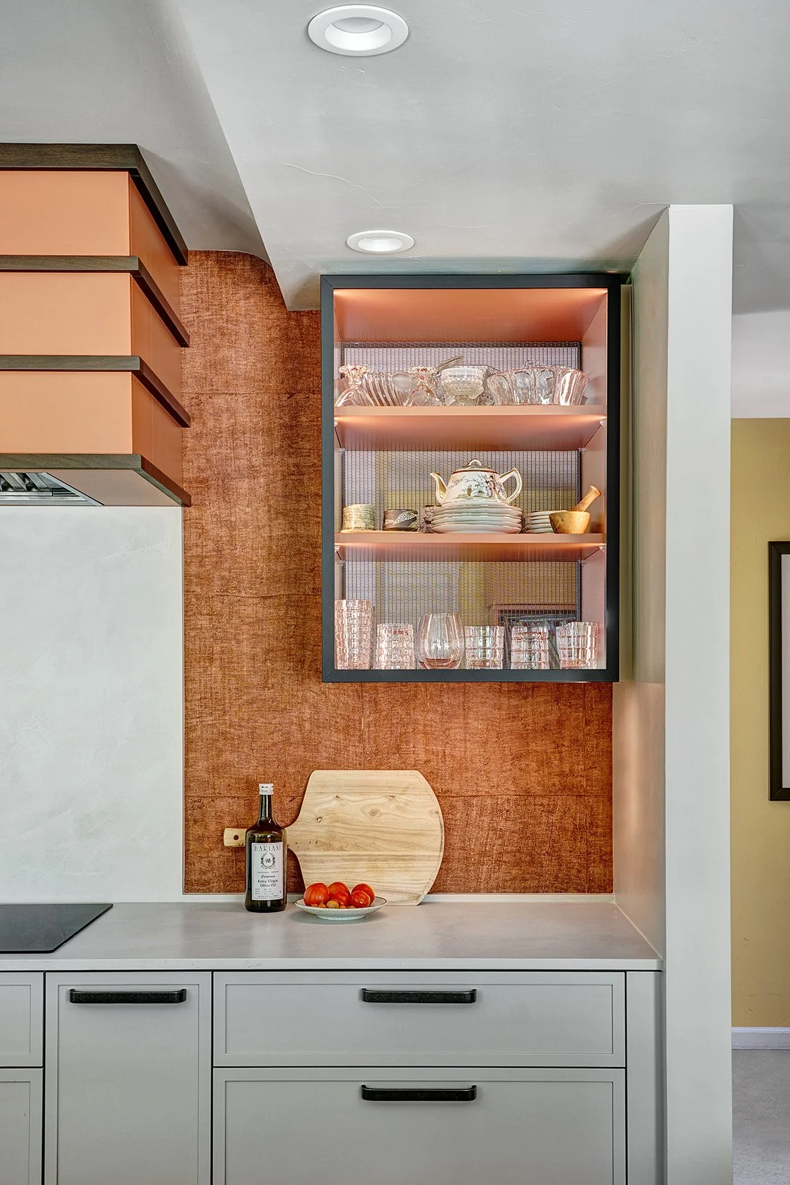 Kitchen remodel, warm desert tones, European cabinetry, slim shaker cabinet doors, stacked top island