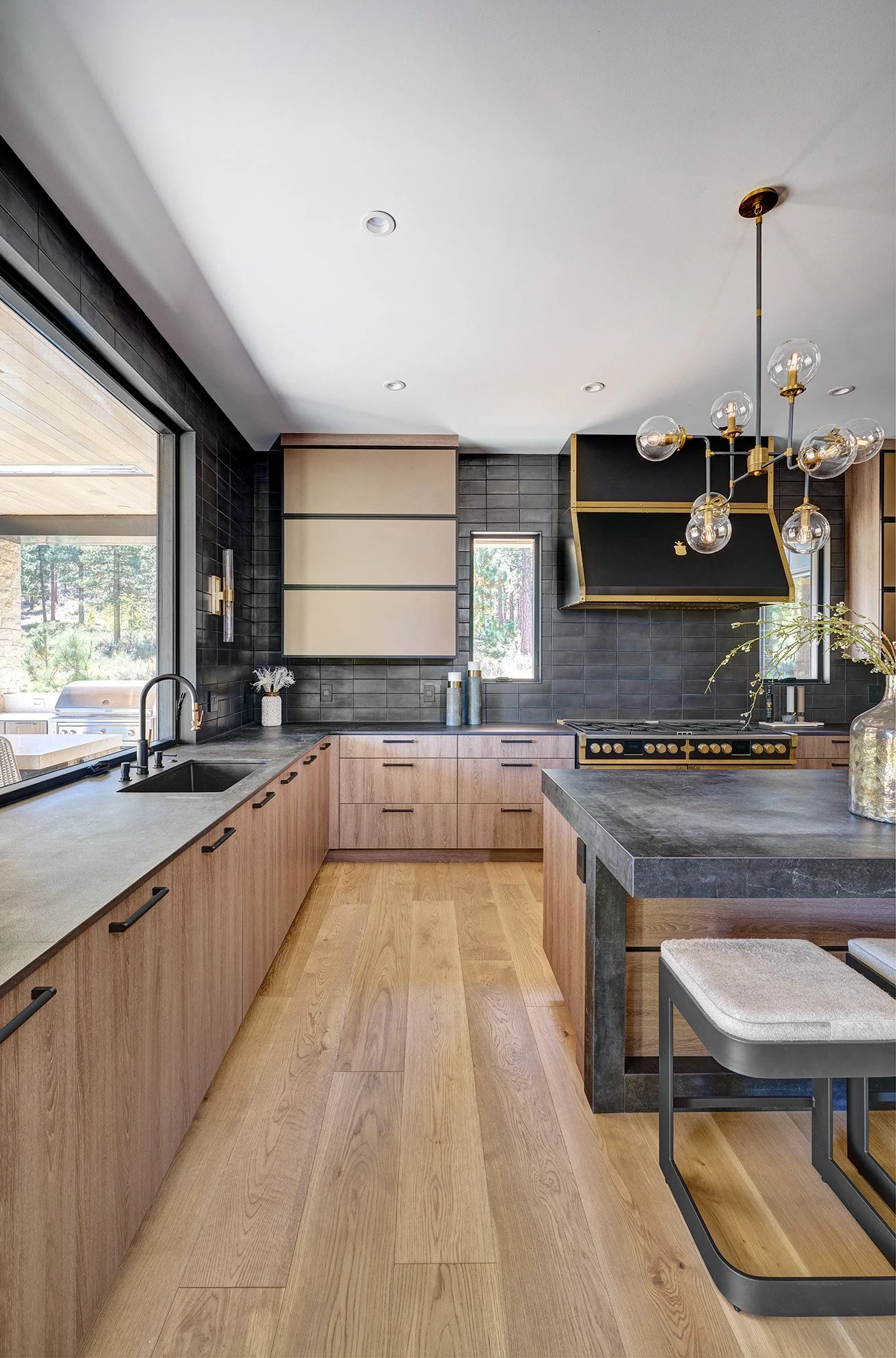 Modern new construction kitchen, European cabinetry, glass front cabinets