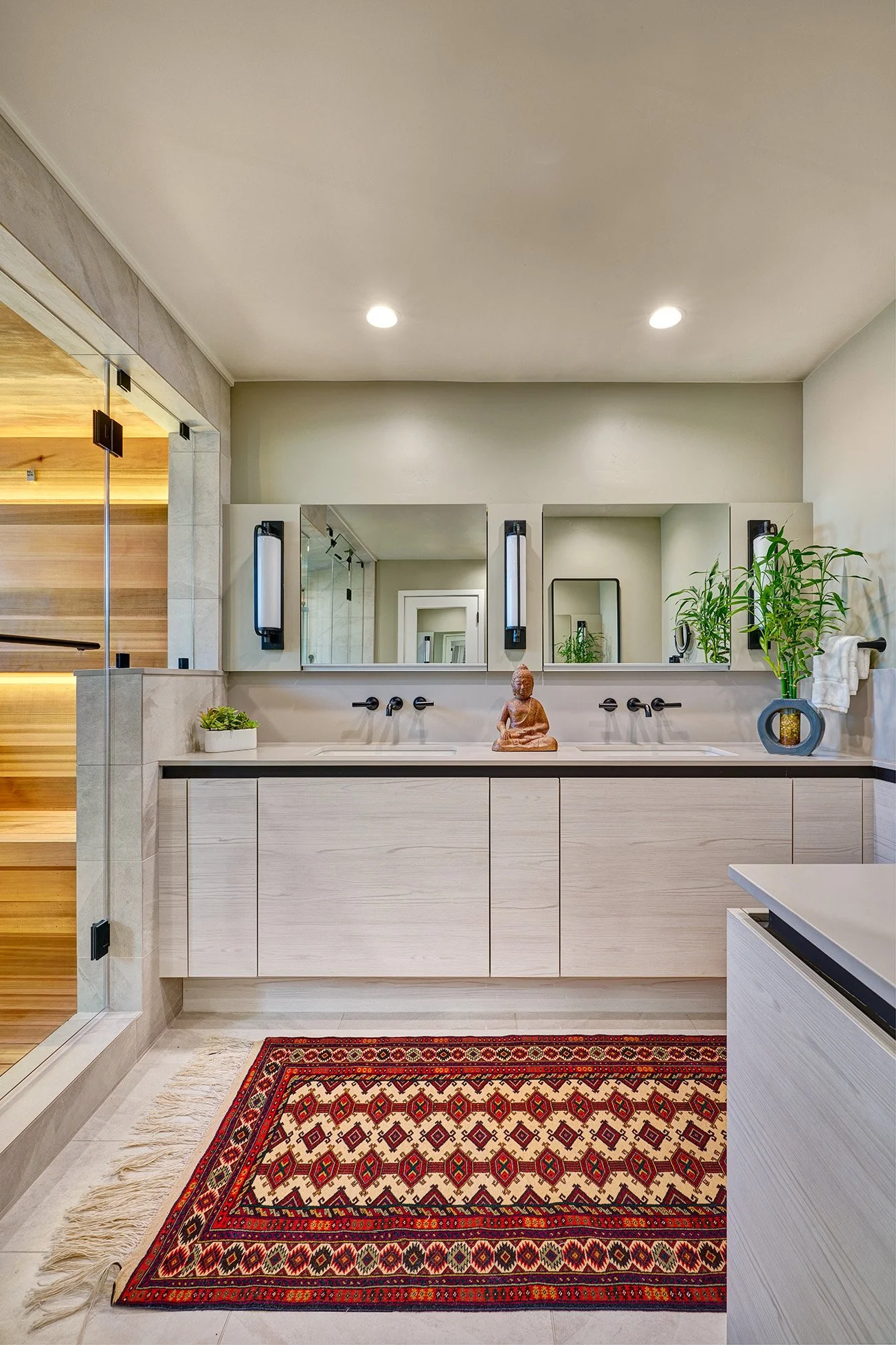 Contemporary primary bathroom remodel, custom sauna and steam shower, European channel laminate cabinetry