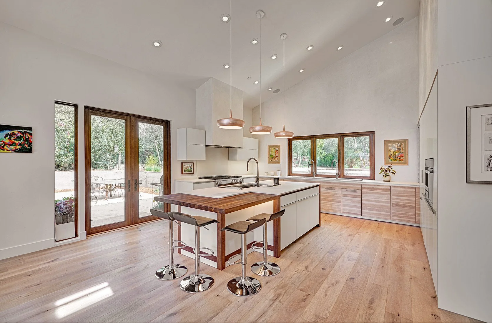 Modern home remodel, vaulted kitchen, accordion window, seating island
