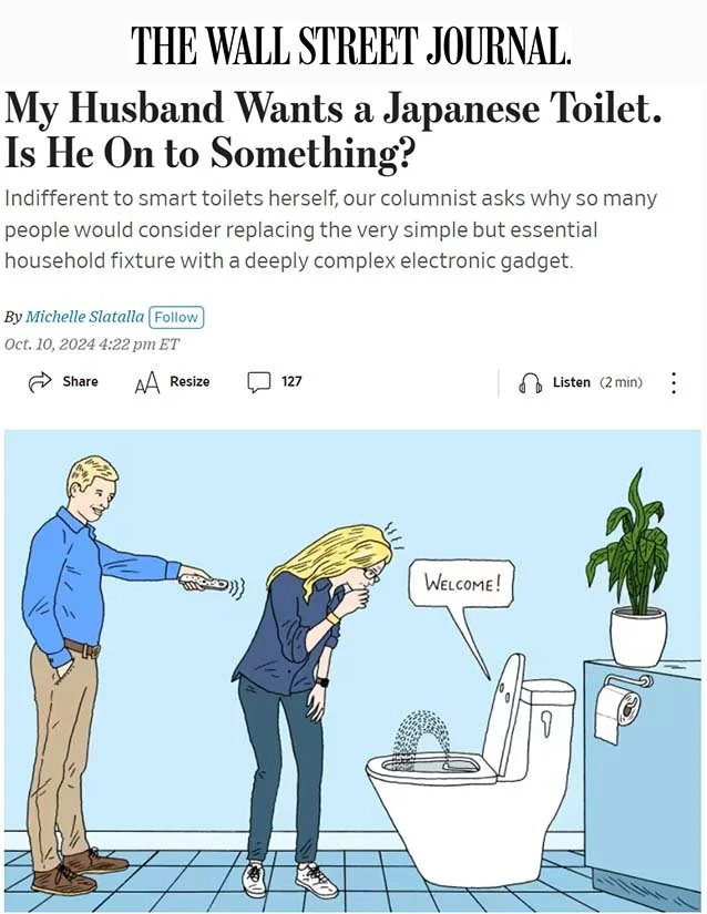 A cartoon of a woman coughing into a toilet with a speaker near her mouth saying 'Welcome!'. A man is pointing a remote control at her from behind, in a bathroom with a potted plant and toilet paper.