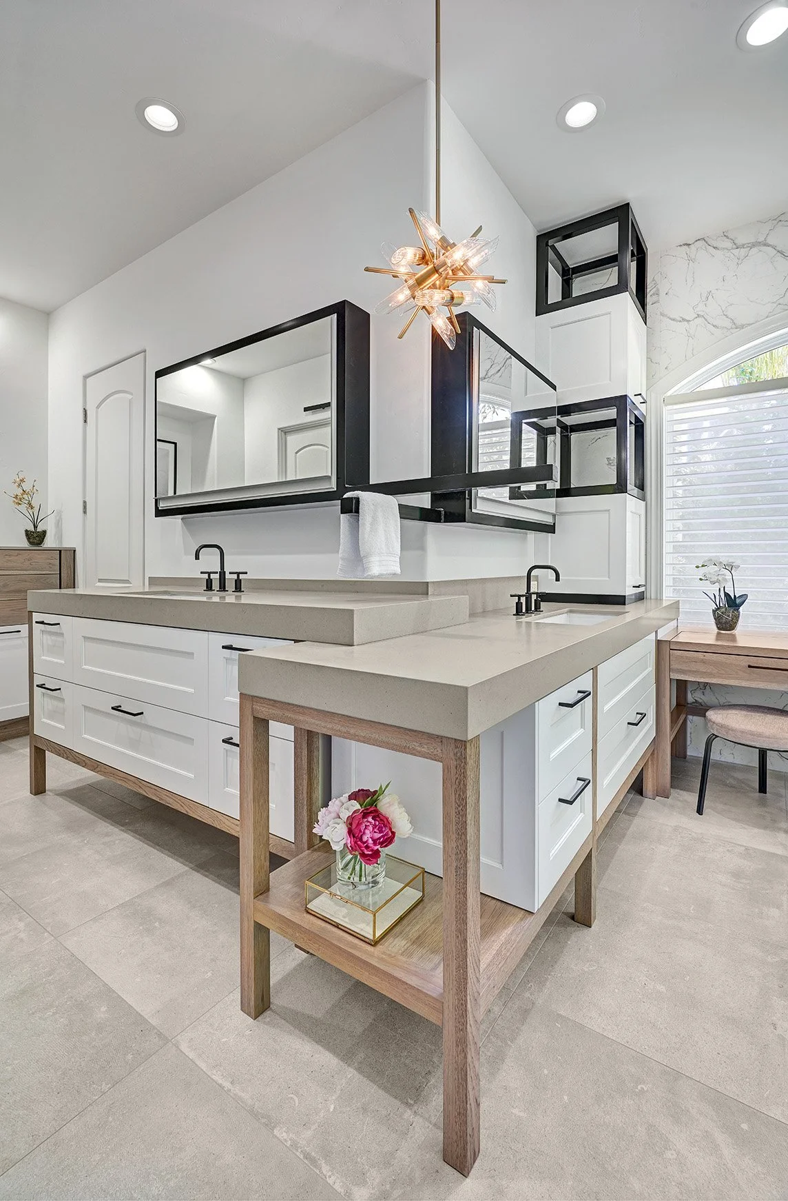 Primary bath remodel, double vanities, open wood cabinet legwork vanity end cap, makeup station, Robern medicine cabinets