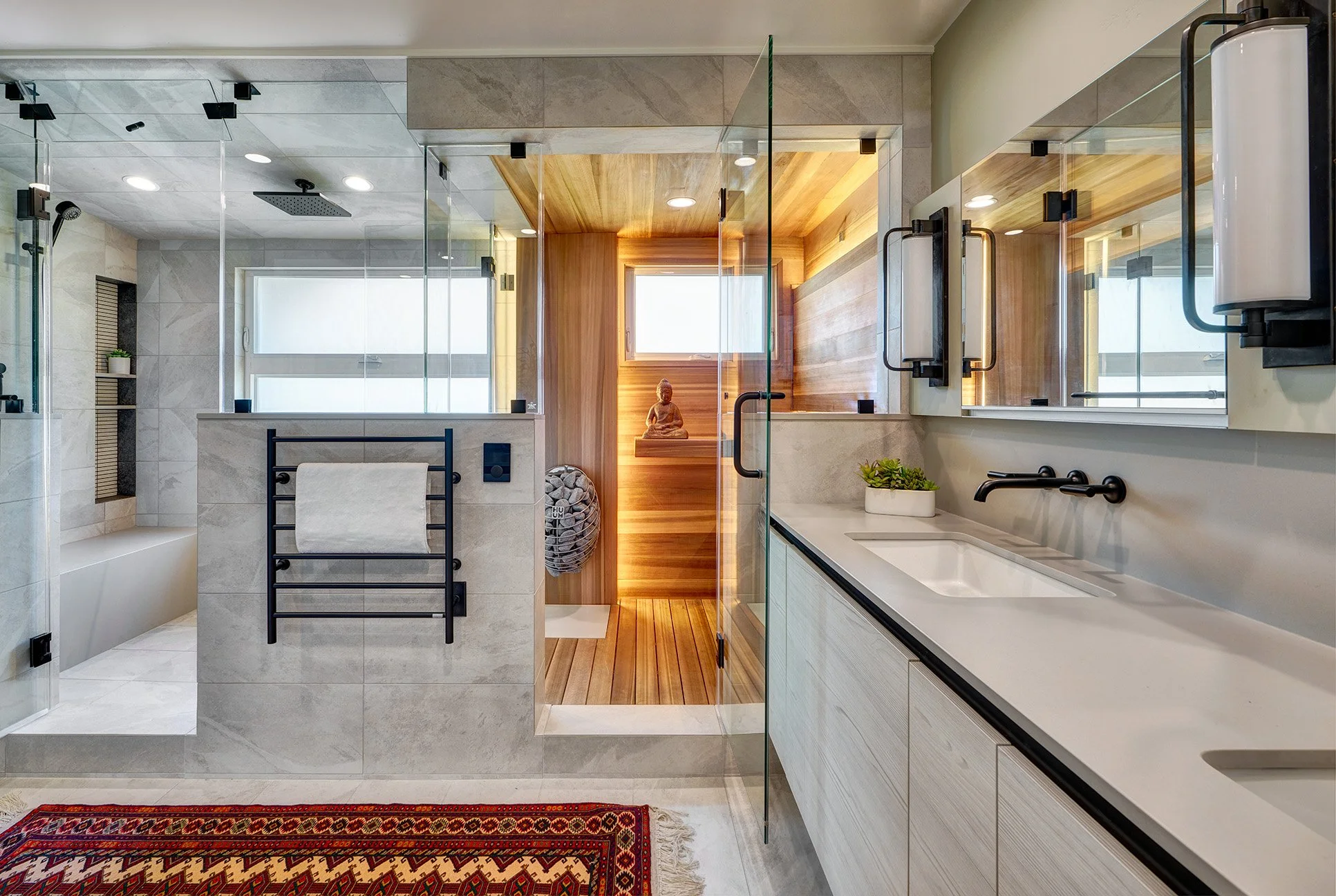 Contemporary primary bathroom remodel, custom sauna and steam shower, European channel laminate cabinetry