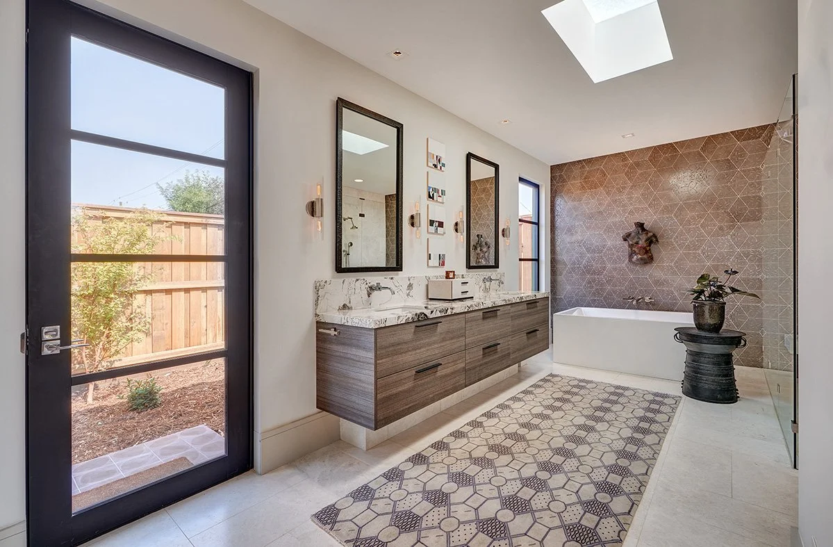 Warm contemporary new construction home, European laminate cabinet vanity, freestanding tub, hex tile