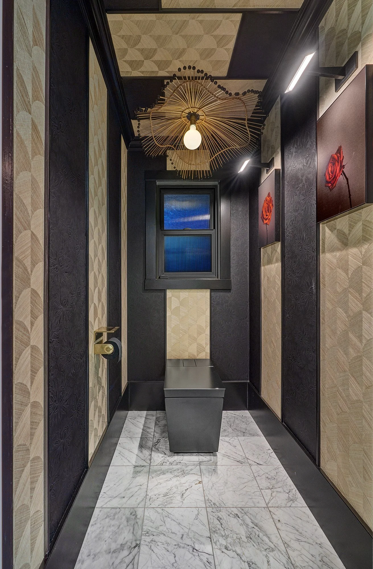 Toilet room, Kohler Numi 2.0 smart toilet, wallpaper, millwork, chandelier, art lights