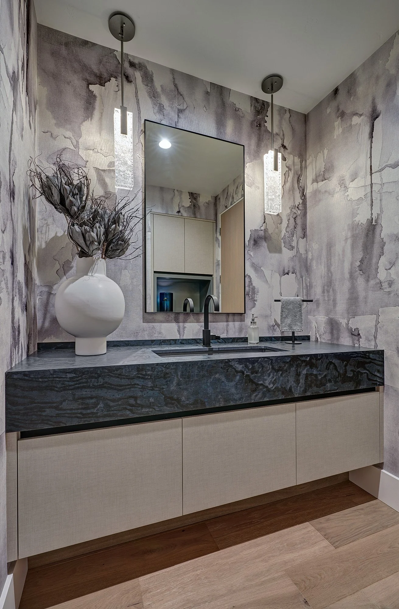Modern new construction home, European laminate channel cabinet, bathroom