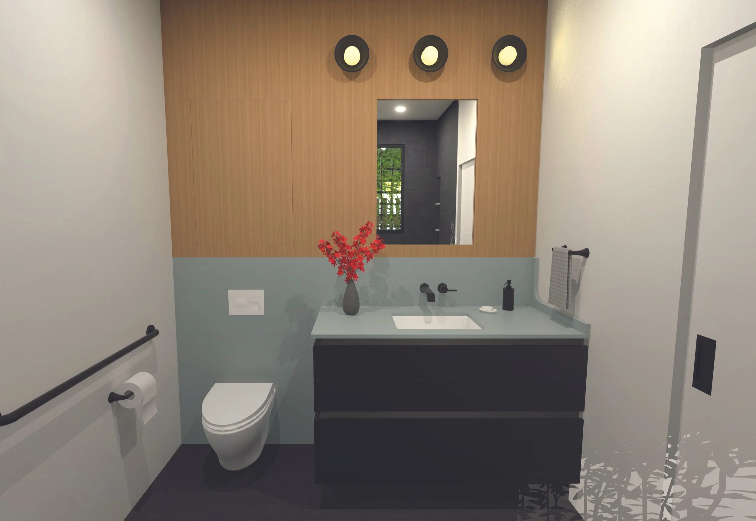New construction ADU bath, European channeled cabinetry