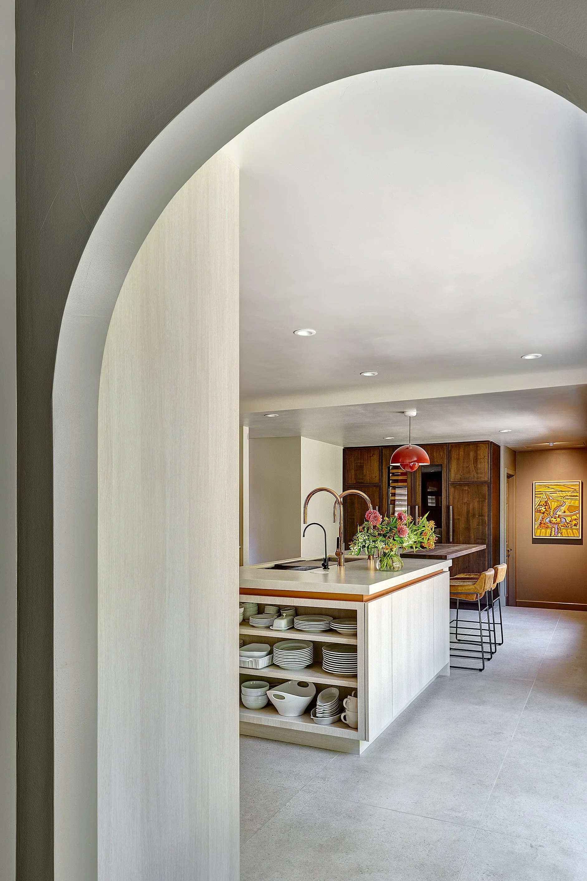 Kitchen remodel, warm desert tones, European cabinetry, slim shaker cabinet doors, stacked top island