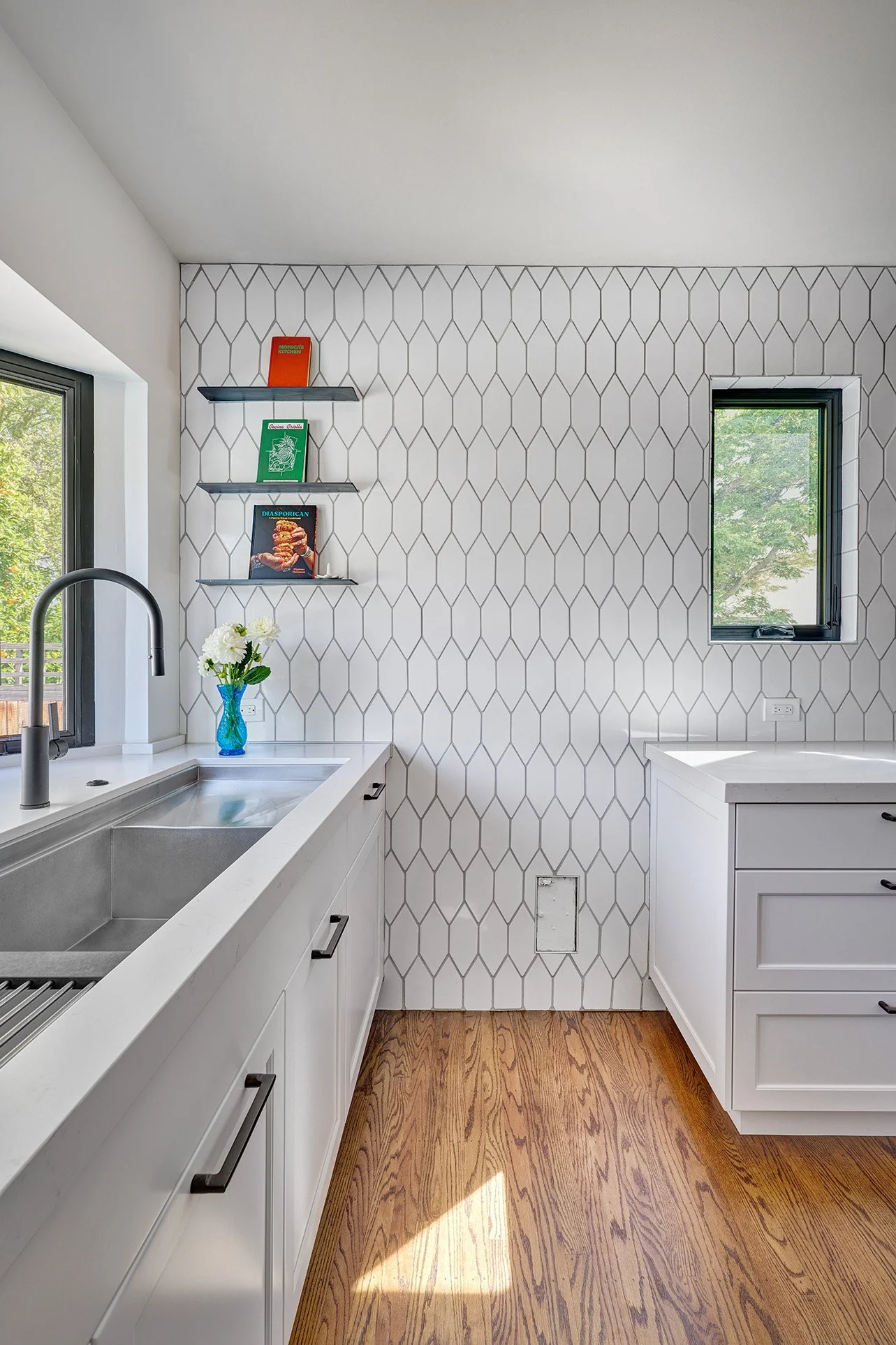 1930s kitchen remodel, white, blue + wood cabinetry, The Galley workstation, floating metal shelves