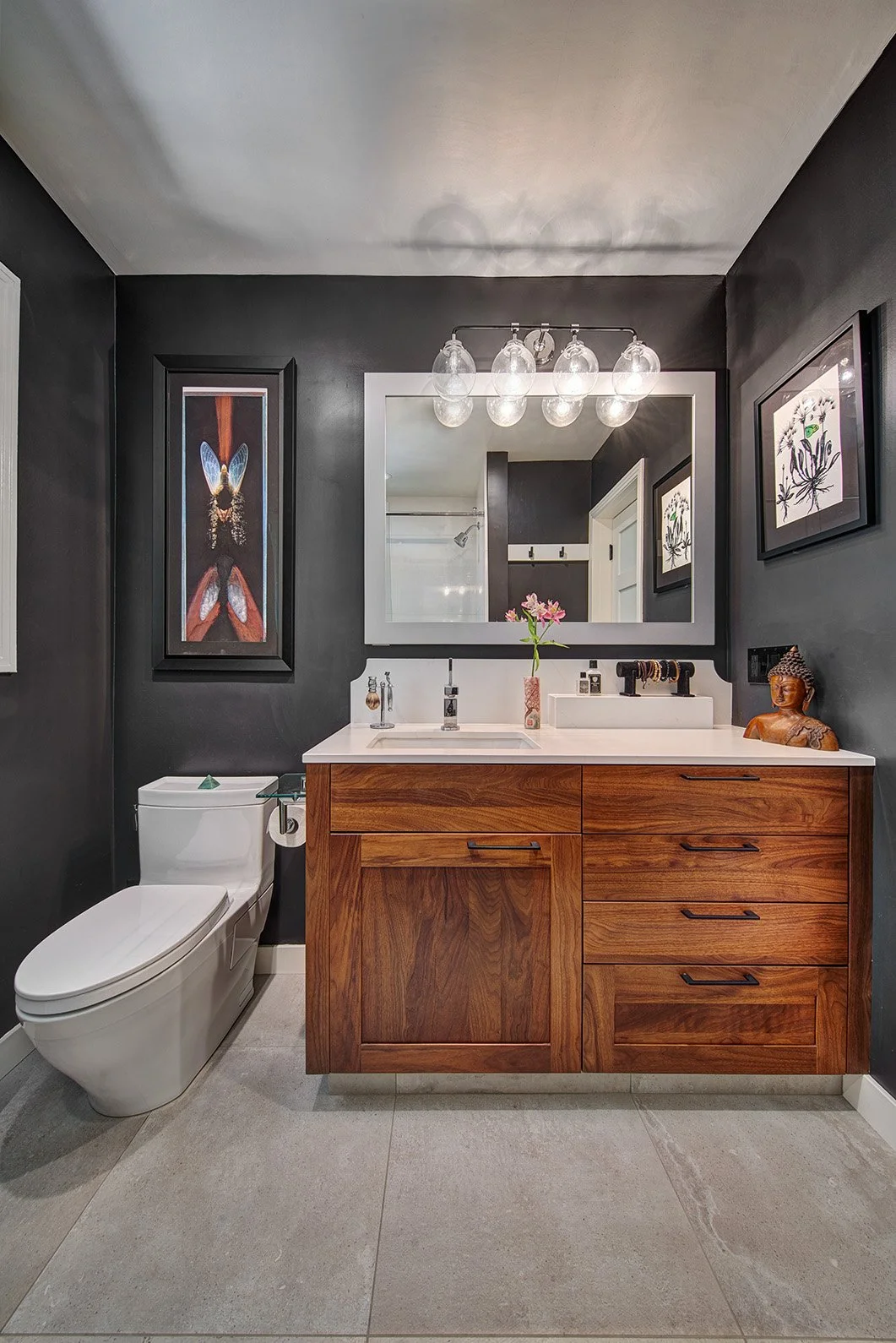 Bungalow home remodel, walnut cabinet vanity