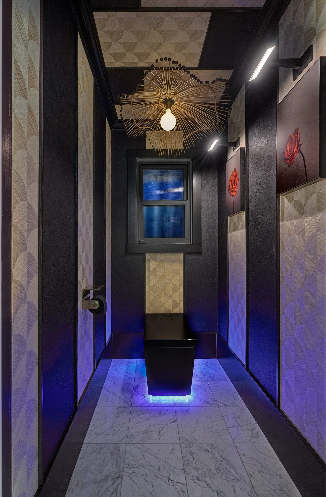 Toilet room, Kohler Numi 2.0 smart toilet, wallpaper, millwork, chandelier, art lights