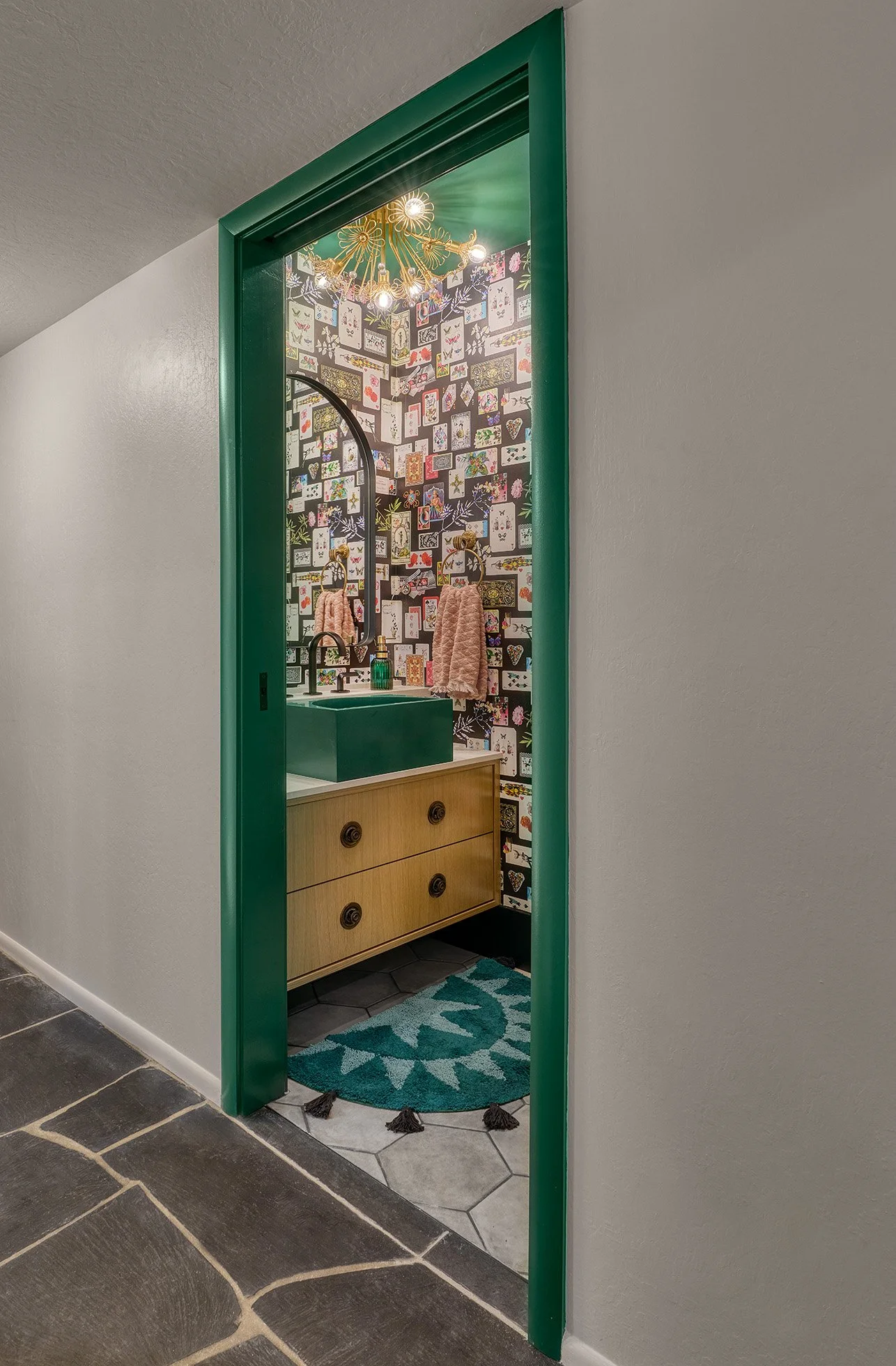 Green powder bath, card wallpaper, concrete vessel sink, white oak cabinet vanity