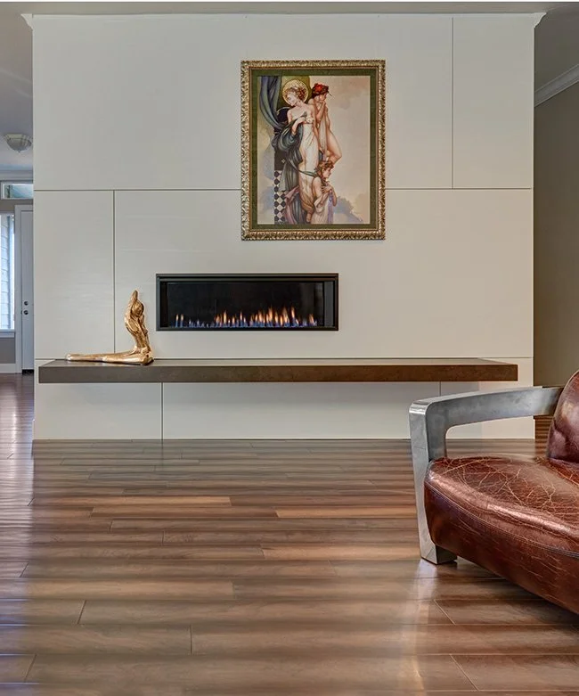 First Dekton installed in the USA, Dekton clad linear fireplace wall, floating hearth