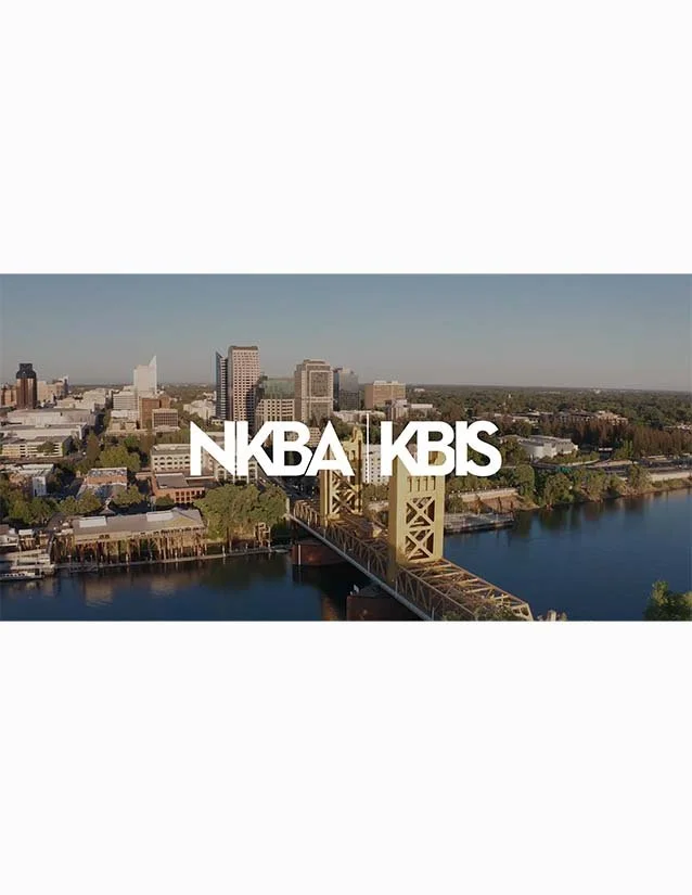 Aerial view of the Sacramento skyline, overlaid with the text 'NKBA | KBIS'.