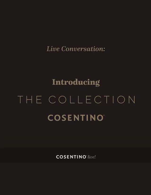 Black background with text announcing a live conversation about the introduction of the Cosentino collection.
