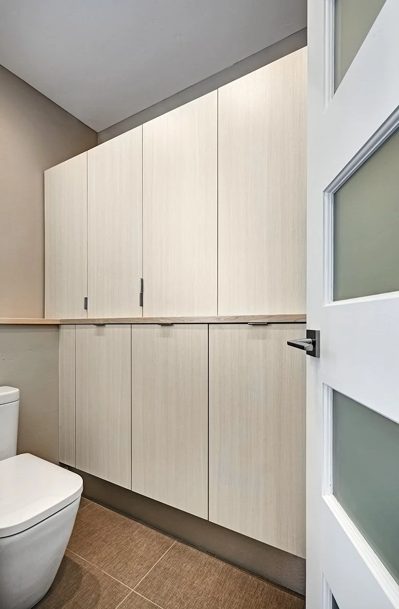 Primary bath remodel, European cabinet storage, toilet room